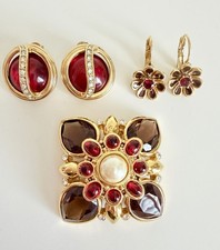 Joan Rivers Jewelry Lot Brooch Earrings Red Rhinestone Gold Tone Flower Vintage