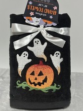 2 Pack Bathroom Hand Towels Halloween Black/White GHOSTS PUMPKIN Towels Velour