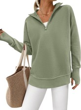 Women's Quarter Zip Pullover Sweater Long Sleeve V Neck Ribbed Knit Casual Top