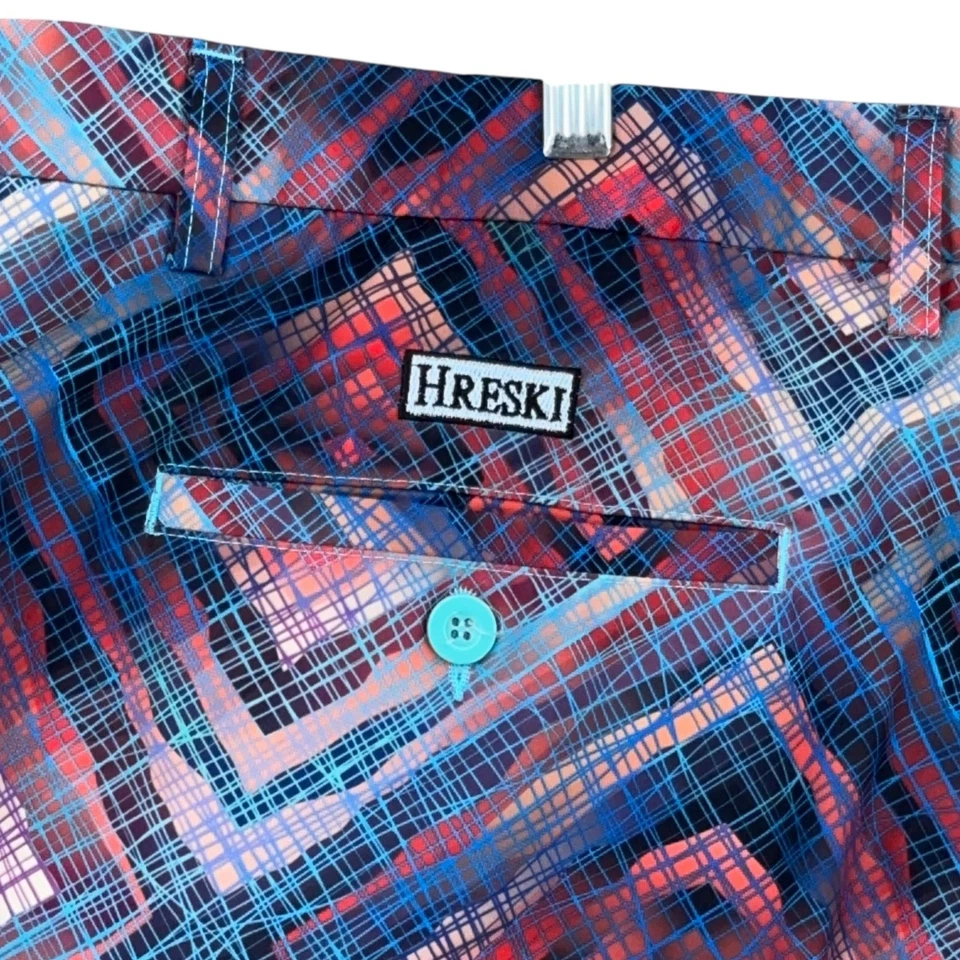 Hreski Mens Diamond Pattern Golf Shorts 46 Red Blue Geometric Casual - Image 3 of 4