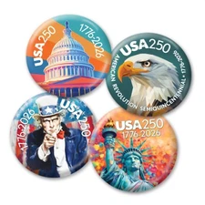 USA 250 - Colorful 4PK Buttons: Uncle Sam Eagle Capital Liberty 1776-2026 250th