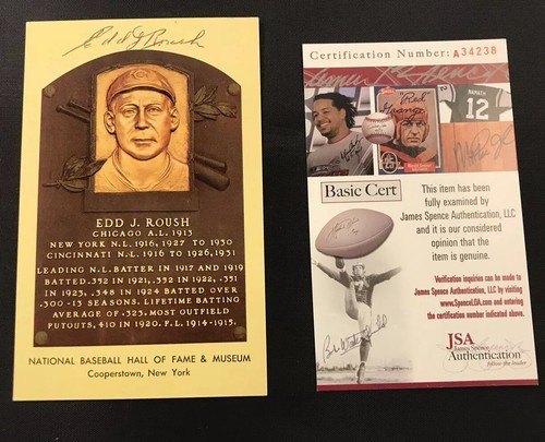 Edd J. Roush Signed 2 X HOF Plaque Hall Of Fame Autograph JSA Cincinnati Reds - Picture 2 of 3