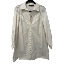 Zara White Large Boxy Button Down Shirt Dress 3/4 Sleeve Floral Lace