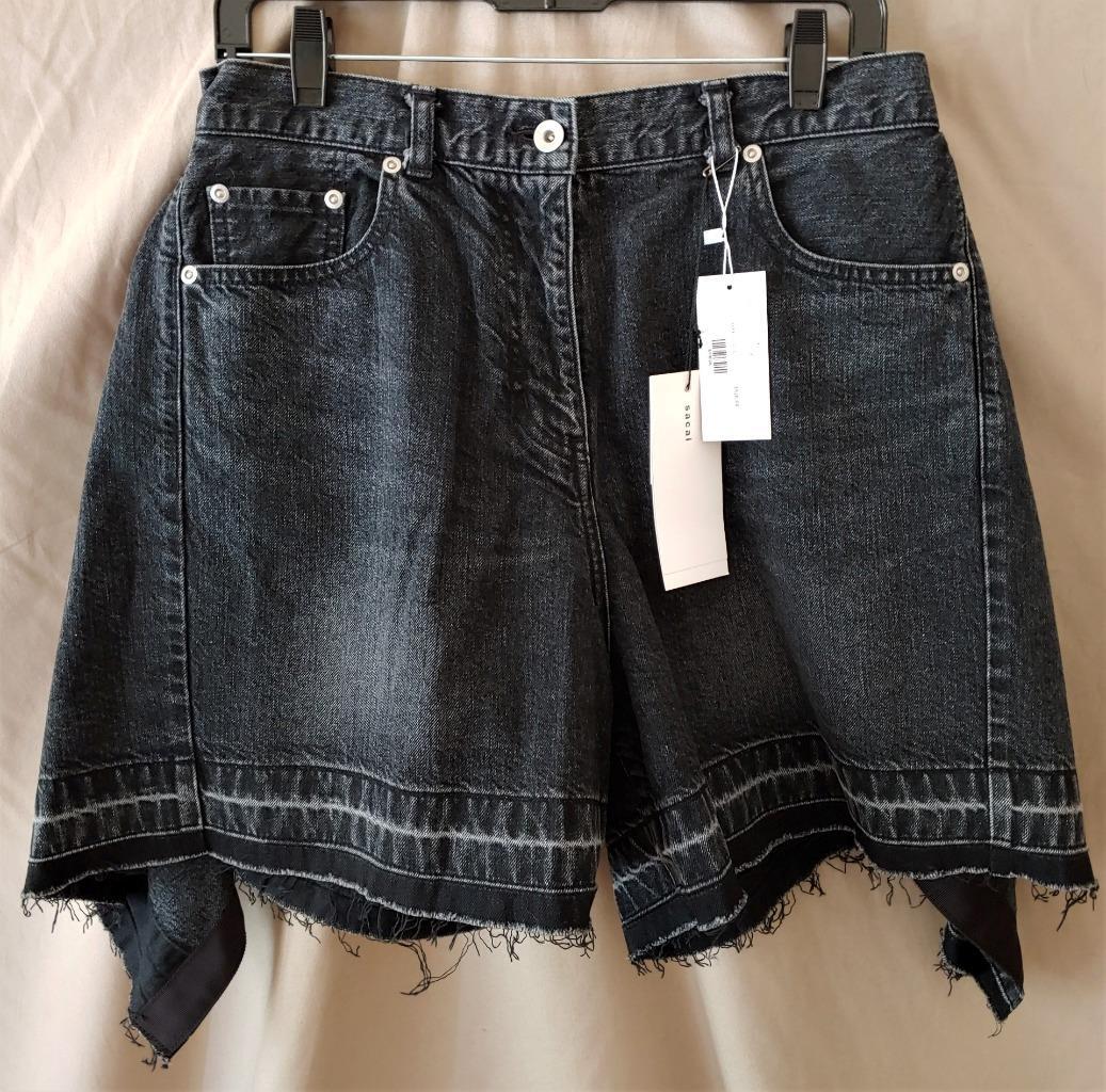 Sacai Black Denim Drop Crotch Flare Shorts w/Frayed Hem Sz 3/L