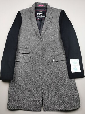 SUPERDRY x TIMOTHY EVEREST Damen Größe 4 UK L Stadtmantel NEU ganz Wolle Herringbone