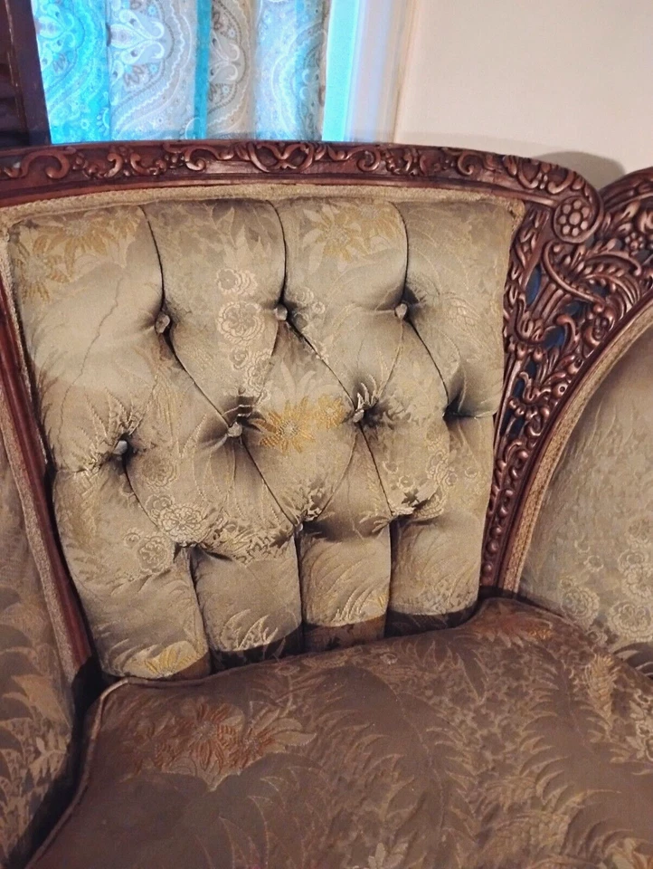 Sofá Luis XIV Plateado-Azul Satinado 100 Años Excelente Estado Poco Uso Foto 2 de 4