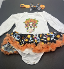 Toddler/Baby Girl Skull w/flowers bones Halloween Orange White TUTU Dress