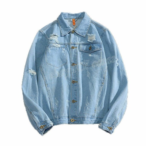 Men Slim Retro Button Down Jean Coat Ripped Denim Jacket Loose Long Sleeve Top - Picture 2 of 15