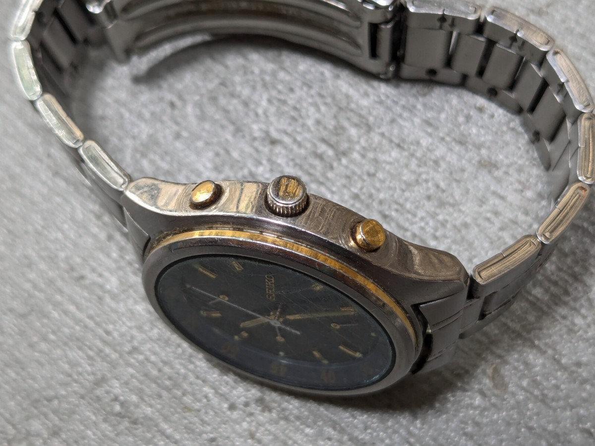 SEIKO V657-7100 Chronograph Steel Blue Wristwatch Vintage 100M