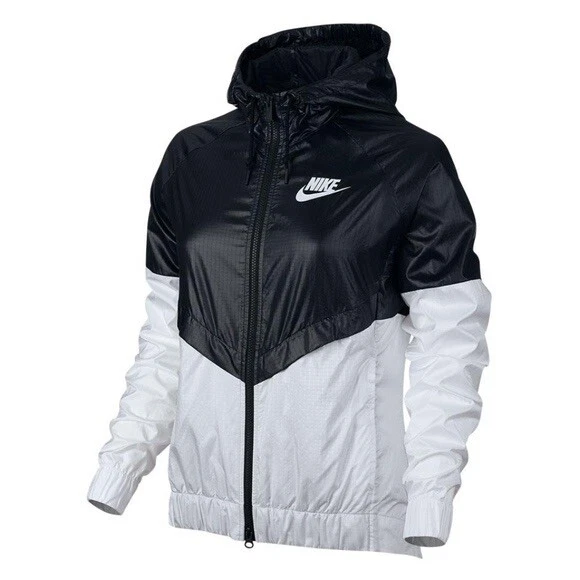 WOMEN'S NIKE HOODED BLACK WHITE RAIN/WINDRUNNER FULL ZIP JACKET ~ MEDIUM |  eBay