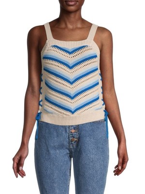 BCBGeneration Women's Striped Crochet Top - Short Sleeve Pullover Lace-Up Style