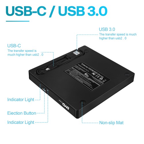 External CD/DVD Drive Disk Player for USB 3.0 Laptop PC MacBook Windows Type-C - Picture 9 of 43