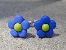 Blue and Green Flower Cufflinks--Colorful Artistic Artsy Handmade Cool Eco Vegan