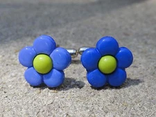 Blue and Green Flower Cufflinks--Colorful Artistic Artsy Handmade Cool Eco Vegan