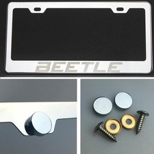 One Beetle Laser Engraved Stainless Steel License Plate Frame Chrome Screw Cap