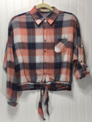ETAM Weekend Womens Plaid Cotton Button Front Tied Top Size 36 -See Measures 