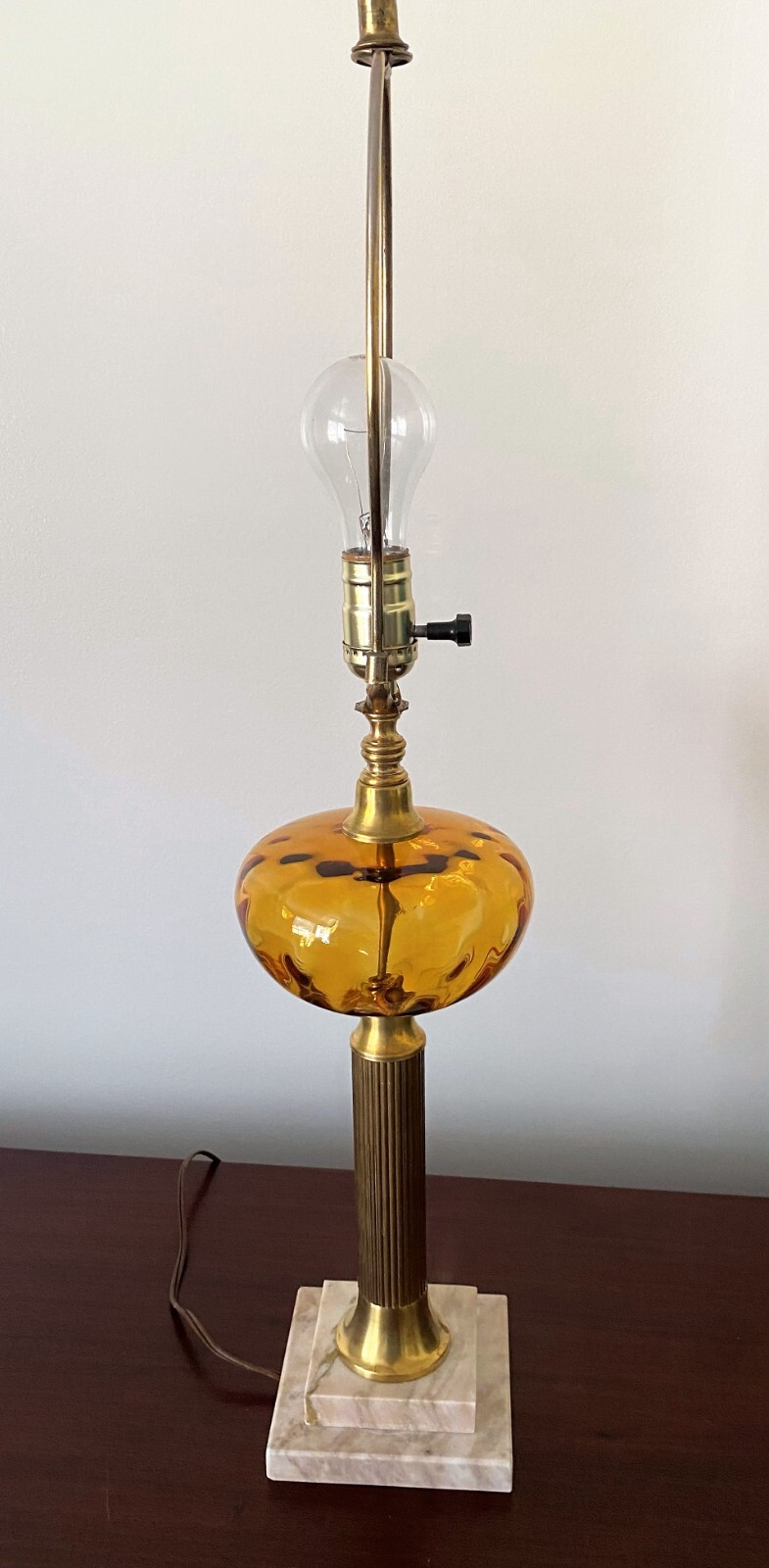Antique Amber Glass Lamp Marble Stepped Base Solid Brass Column C. 1920