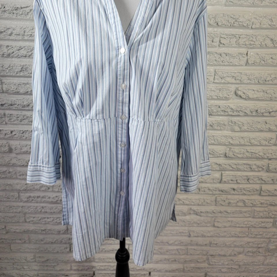 Basic Editions Womens Top 1X 3/4 Sleeve Collar Blue Stripe Button Up Lightweight - Image 4 of 4