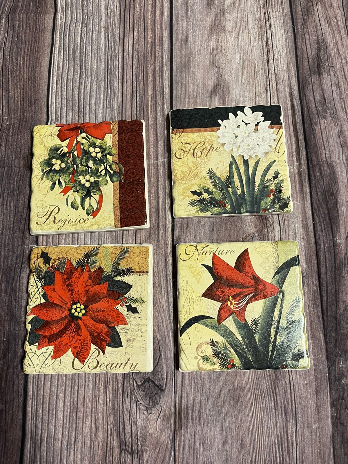 Pier 1 Imports Coasters Set of 4 Christmas Poinsettia Festive Holiday