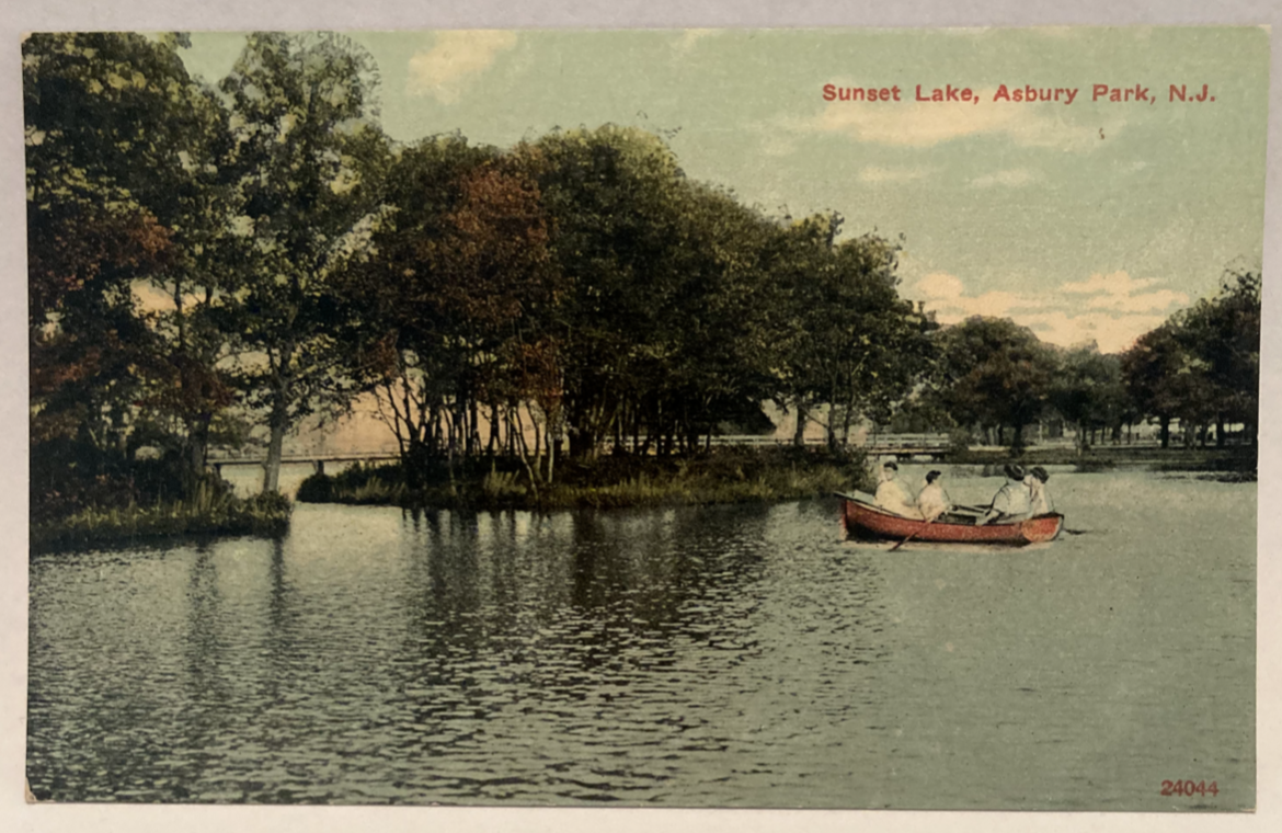 FILA Sunset Lake Asbury Park NJ New Jersey barca a remi cartolina d'epoca non spedita
