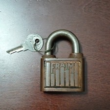FRAIM Brass Keyed Different Padlock Steel Traditional Shackle 5/16in USA 1963a