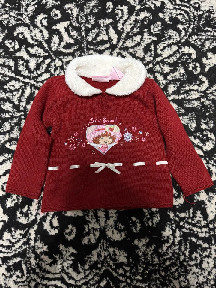 Клубничный шорткейк винтажный меховой воротник пусть это снег ребенка ясельного возраста девочки свитер 2T - Изображение 2 из 3