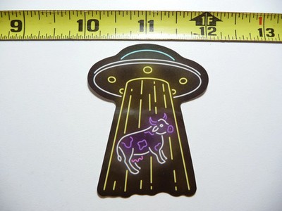 UFO ALIEN COW ABDUCTION COLORFUL SMALL STICKER DECAL NEON STYLE FUN PLAYFUL