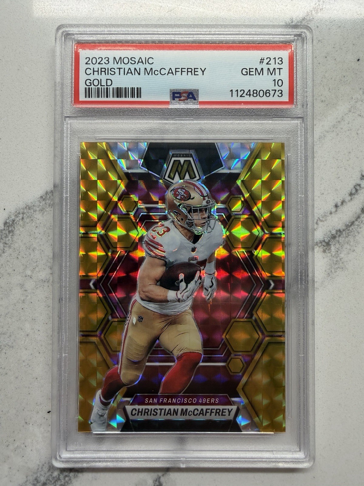 2023 Christian Mccaffrey Gold Mosaic /10 PSA 10 Panini Prizm 49ers #213 💎💎