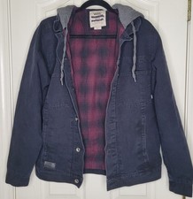 VANS Men's Navy Canvas Black Jacket M Hooded Red Fkannel Lining