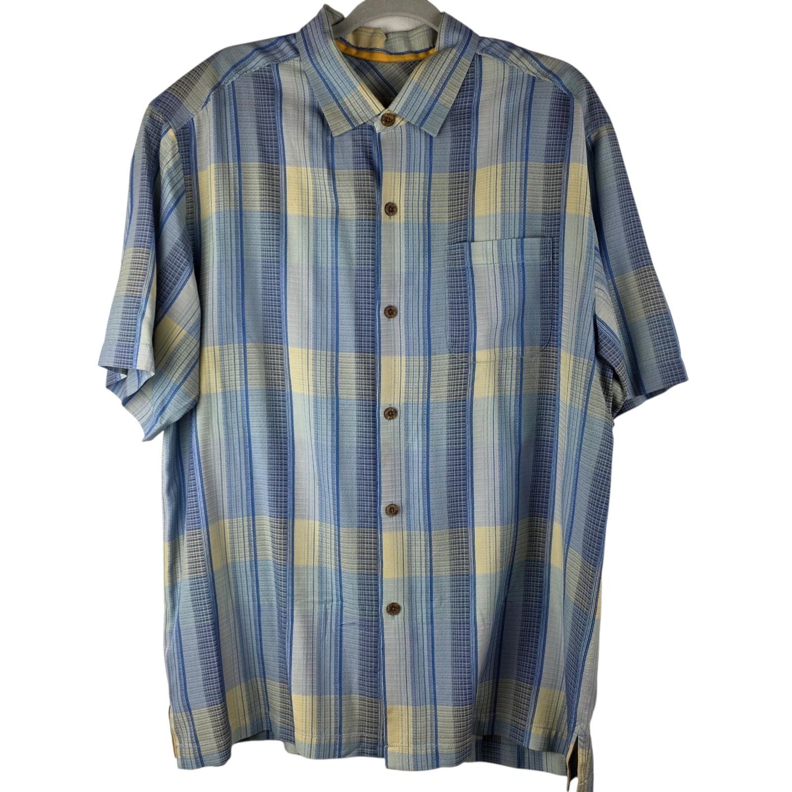 Tommy Bahama L 100% Silk Blue Plaid Original Fit Short Sleeve Camp Shirt Coastal