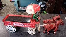Vintage Cast Iron Coca Cola Horse Drawn wagon with driver and umbrella