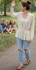 Anthropologie Moth Ivory Linen Blend Sweater W/Beads  Embroidery Feminine Sz M