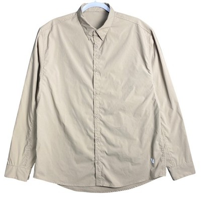 Vuori Mens XL Long Sleeve Button Down Shirt Tan Khaki Performance Technical Logo