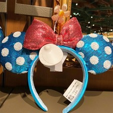 Disney- Parks Sequin Blue  White Polka Dot Sunflower Minnie Mouse Ears Headband