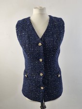 M&S Women's Top Navy Blue Gold Sequin Boucle Button Down Sleeveless RRP £50 New