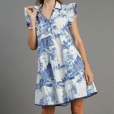 Umgee Blue White Toile De Jouy Tiered Babydoll Mini Dress Ruffle Sleeve Womens S