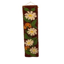 Groovy 70s Floral Latch Hook Rug Wallhanging Flower Power 12x47 in.