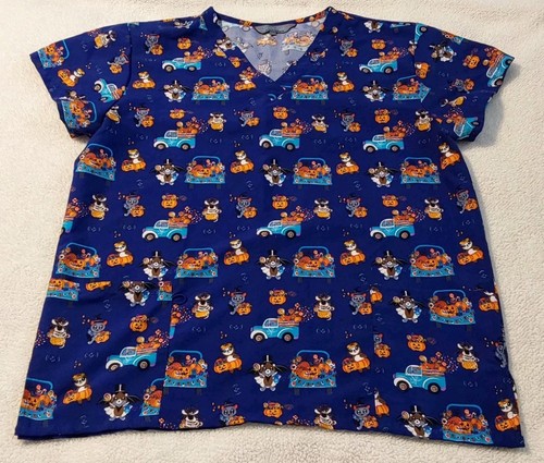 Serene Uniforms Scrub Top Women's Large Halloween Pumpkins Medical Wear Pockets - Picture 1 of 8