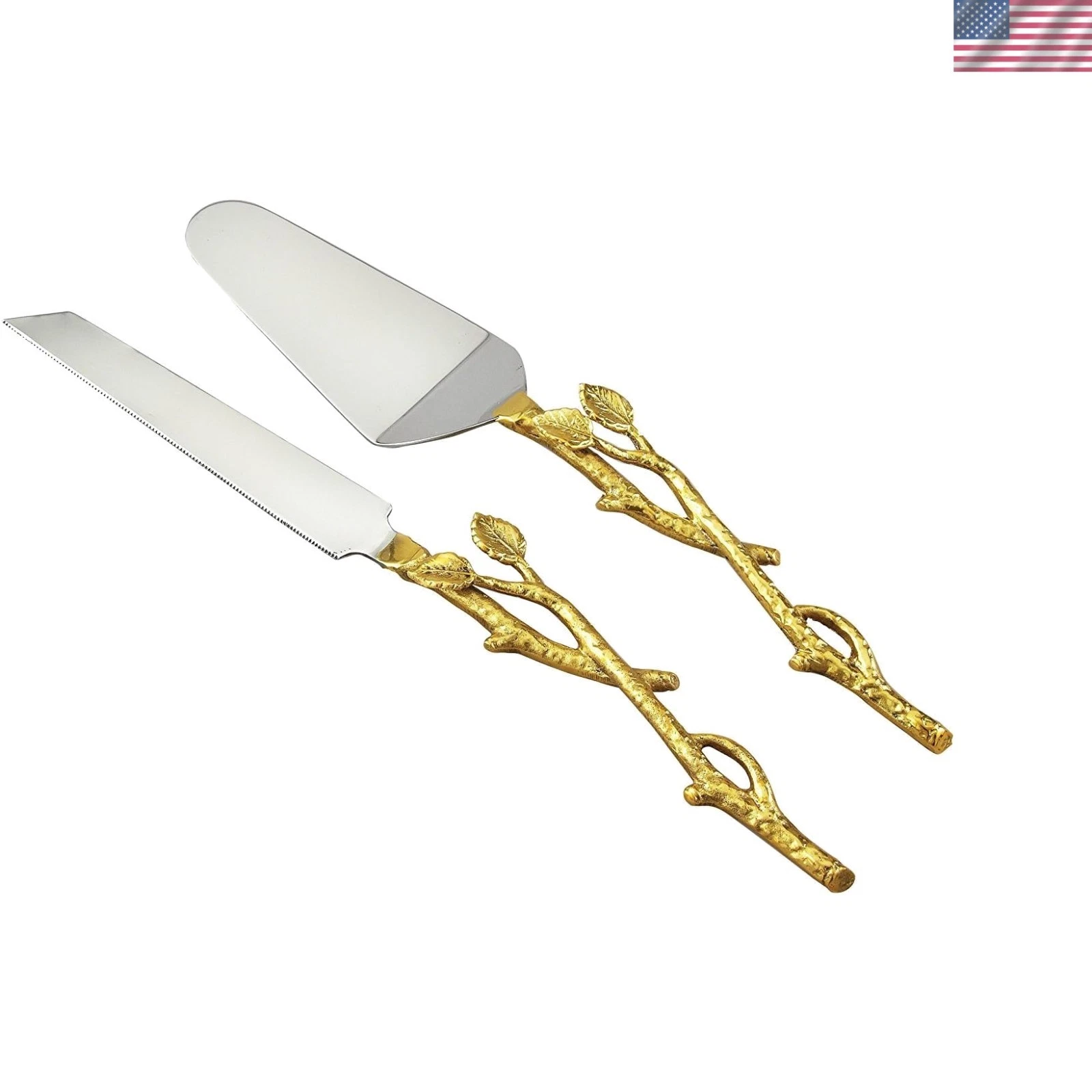 Elegant 13-Inch Golden Vine Cake Knife Set - Luxurious Silver & Gold Finish