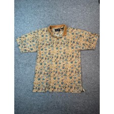 Vintage Pierre Cardin Mens Medium Tan Geometric Tribal Print Cotton Polo Shirt