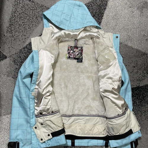 Burton DryRide Womens Snowboarding Dream Jacket Faux Fur Medium Blue Plaid Coat - 画像2/17