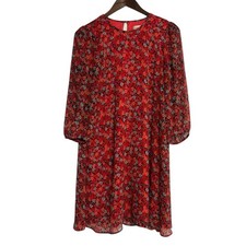 Calvin Klein Red Floral Chiffon Shift Dress 3/4 Sleeve Size 4 Lined Work Wedding