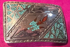 VINTAGE NAVAJO TURQUOISE CORAL STERLING SILVER PEYOTE BIRD BELT BUCKLE 47 gr