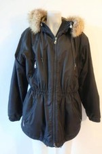 Womens Metropolis Black Hooded Coyote Fur Trim Zip Jacket Coat 12 *