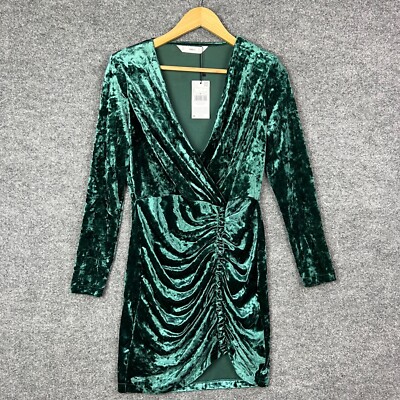 NWT MNG Mango Women Long Sleeve Green Velvet Padded Shoulder Ruched Dress  Size 6 | eBay