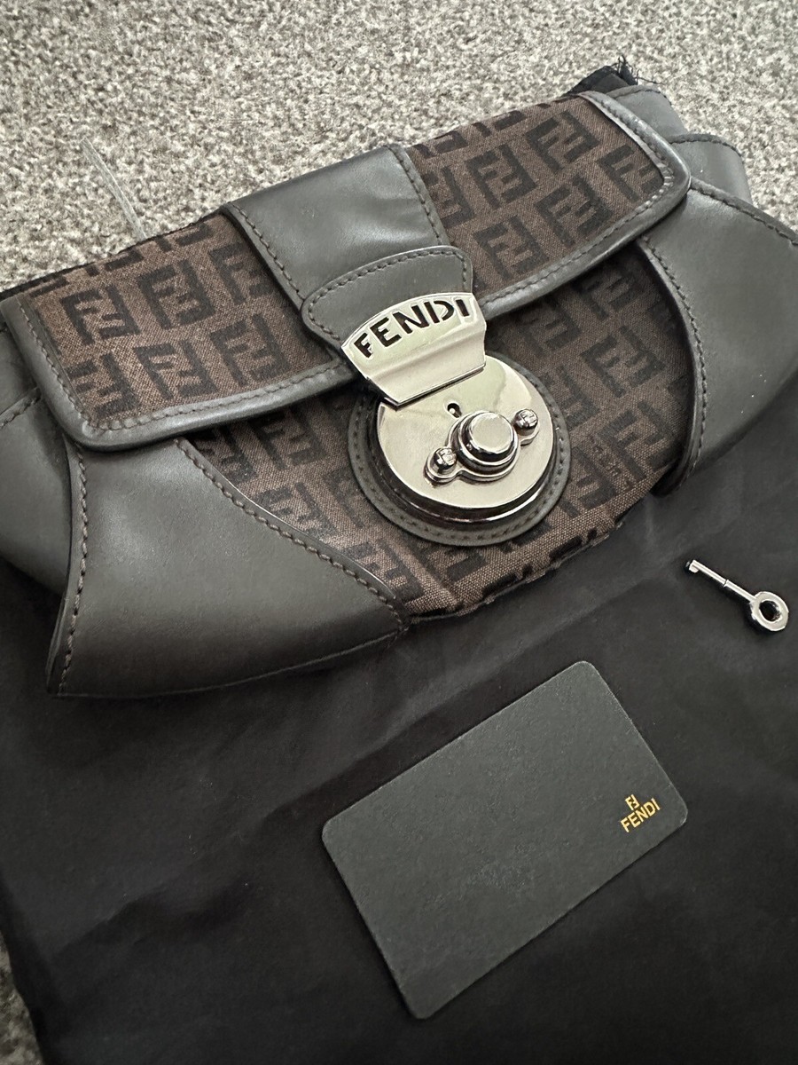 Auth FENDI Zucchino 8BR425 Khaki Dark Brown Jacquard Leather