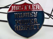 New Belt Buckle Hustler Money Power Respect Interstate Freeway Chrome Red Blue