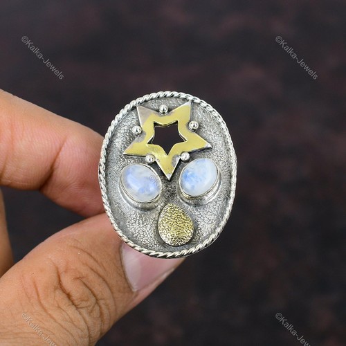 925 Sterling Silver Oval Rainbow Moonstone Stone Star Statement Bezel Wife Ring - Picture 3 of 7