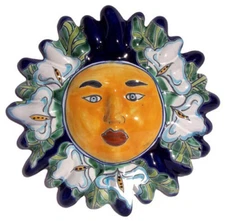 Mexican Handmade Garden Pottery Talavera Wall Ceramic Lily Sun Face 9"
