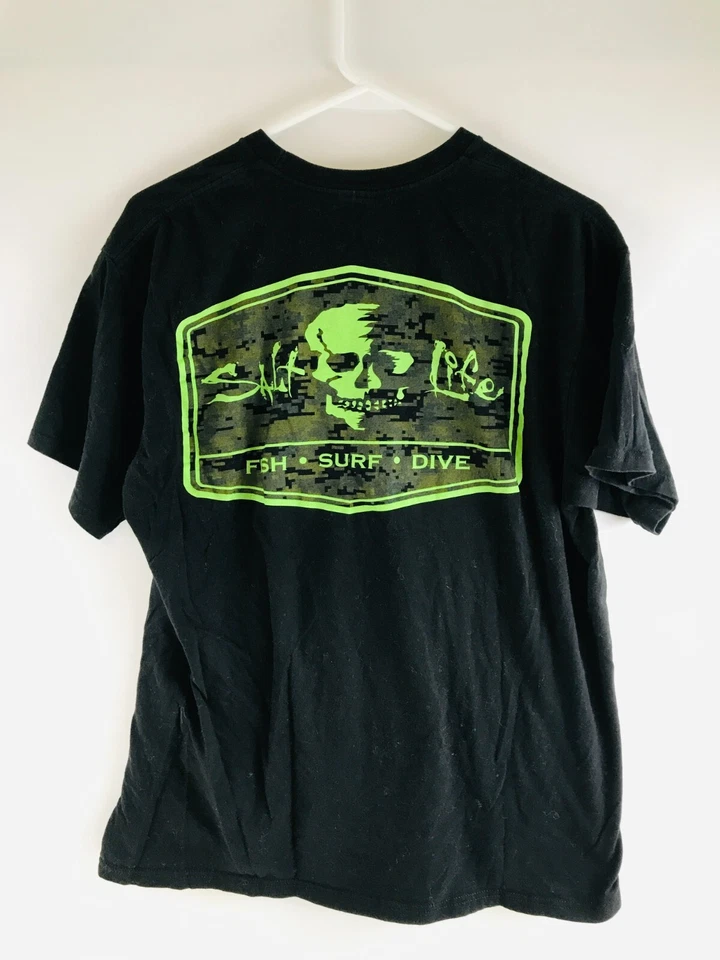 Salt Life Live Salty T 恤男式 L 码黑色圆领短 Slv *头骨* — 第 2/4 张图片